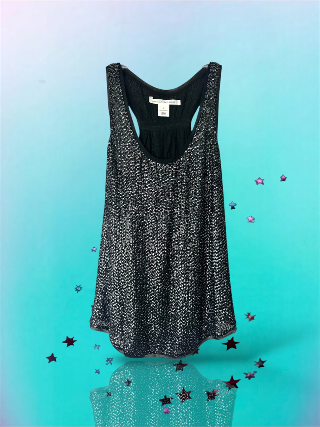 Von Furstenberg Black Metallic Sequin/Beaded Silk Tank Top, Loose Fit, Size 0